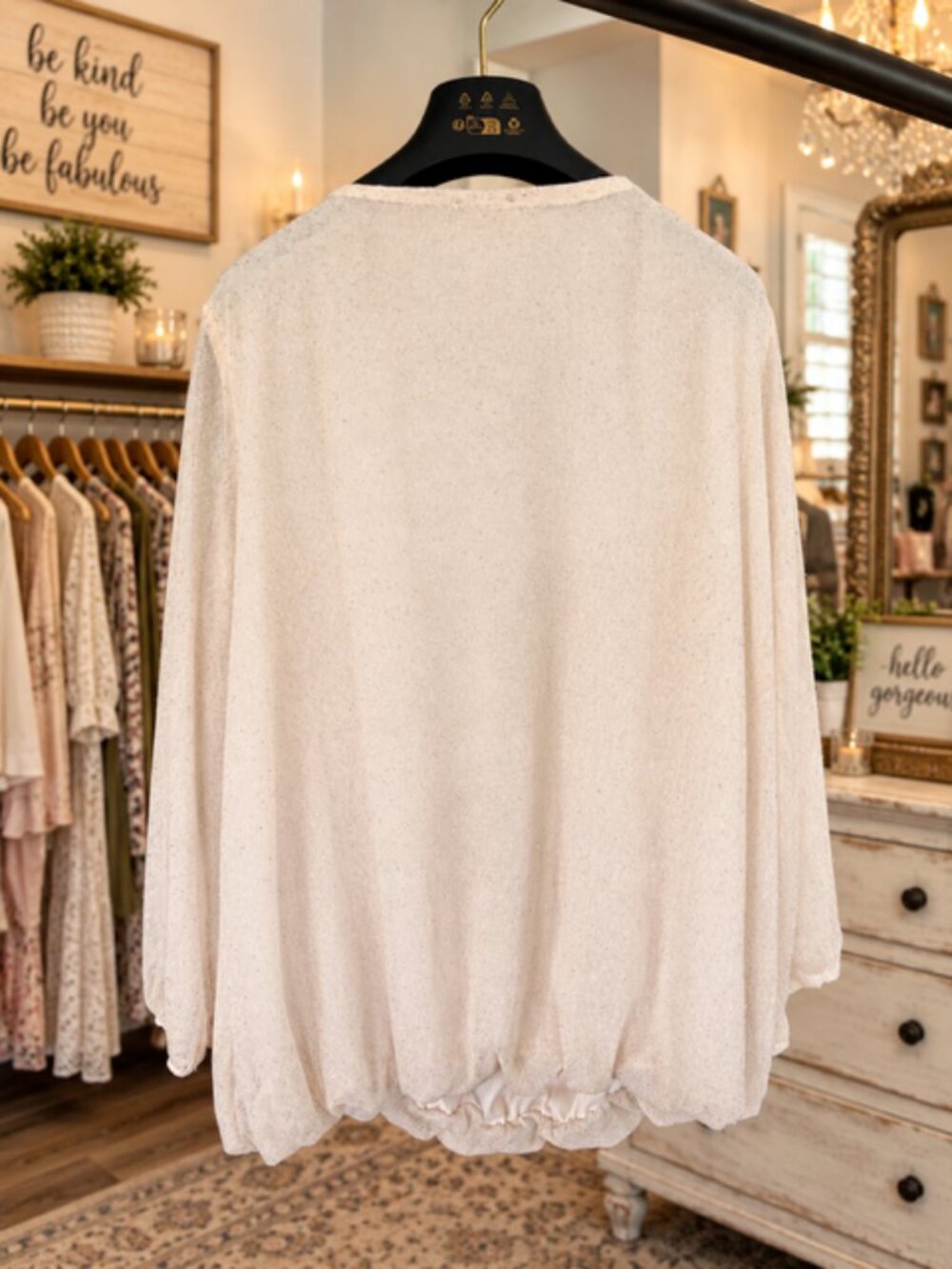 Cream Layered Sheer Sparkle Sleeve Blouse with Gold Accent - Picture 3 of 4